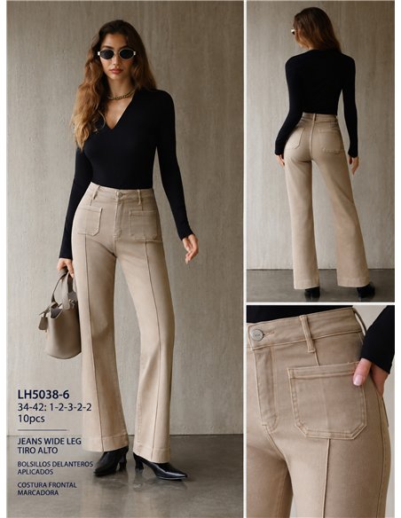 Jeans wide leg beige con costura delantera