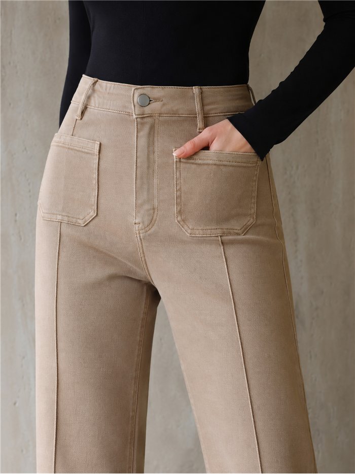 Jeans wide leg beige con costura delantera