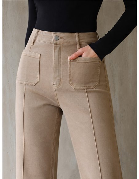 Jeans wide leg beige con costura delantera