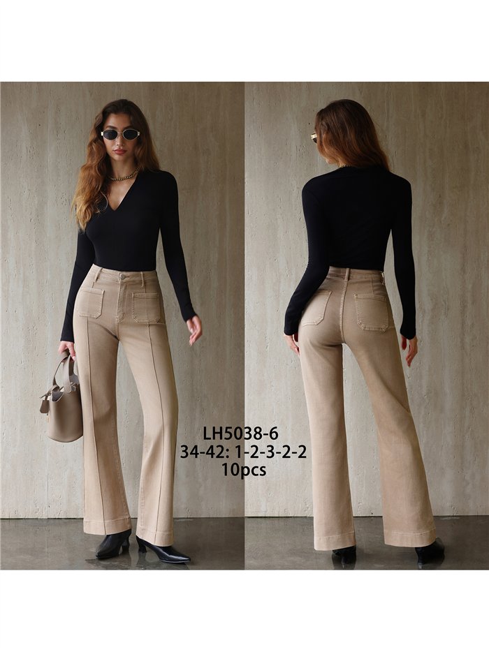 Jeans wide leg beige con costura delantera