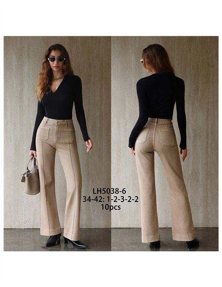 Jeans wide leg beige con costura delantera
