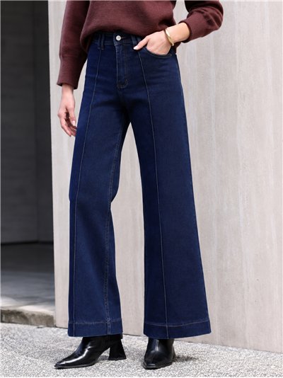 Jeans wide leg azul oscuro con costura frontal