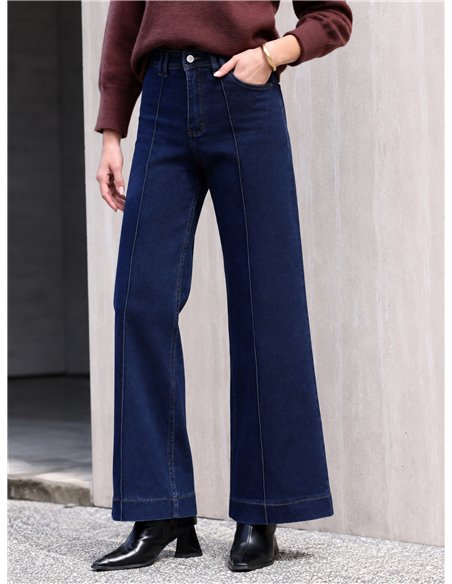 Jeans wide leg azul oscuro con costura frontal