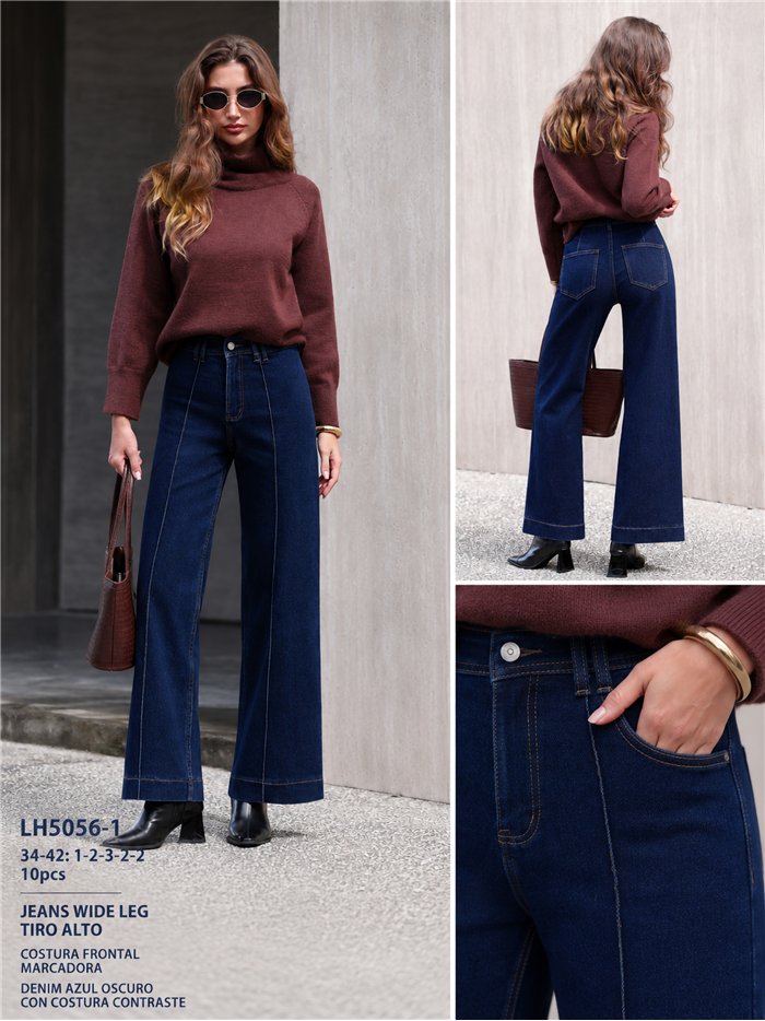 Jeans wide leg azul oscuro con costura frontal
