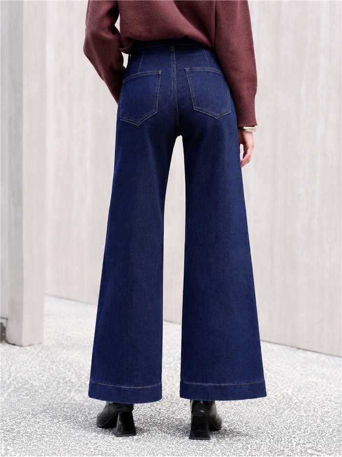 Jeans wide leg azul oscuro con costura frontal