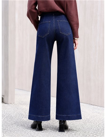Jeans wide leg azul oscuro con costura frontal