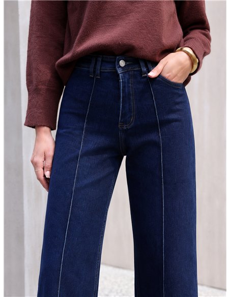 Jeans wide leg azul oscuro con costura frontal