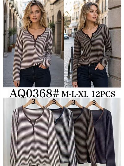 Striped button V neck top 2