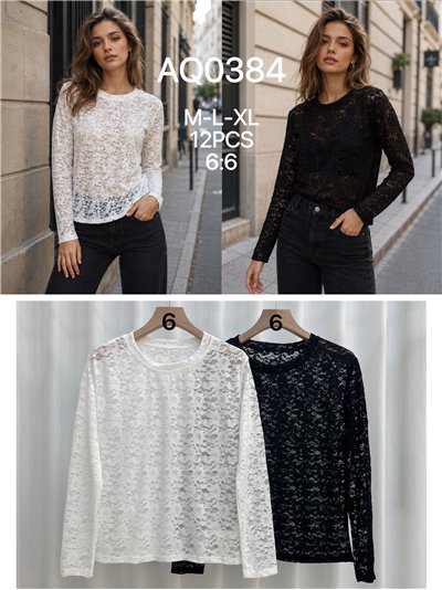 T-shirt a maniche lunghe con pizzo floreale 2