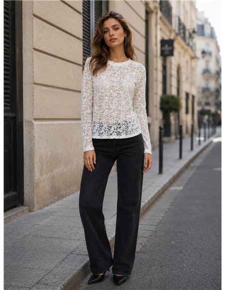 Langarmshirt mit Blumenmuster und Spitze