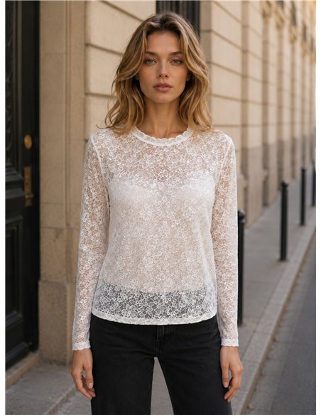 T-shirt a maniche lunghe con lavorazione in pizzo traforato