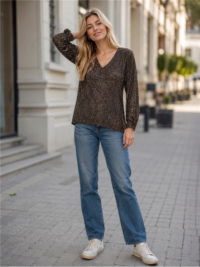 Metallic-T-Shirt mit V-Ausschnitt