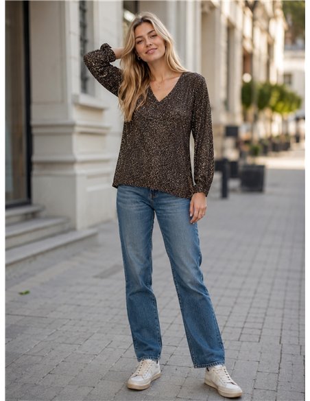 Metallic-T-Shirt mit V-Ausschnitt