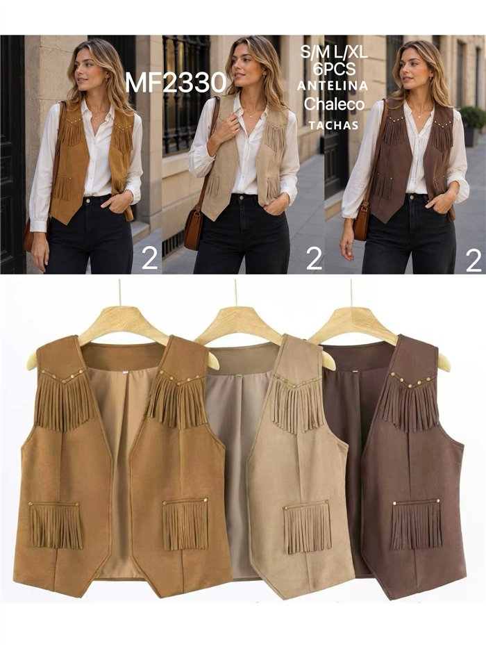 Chaleco efecto ante con flecos y tachas
