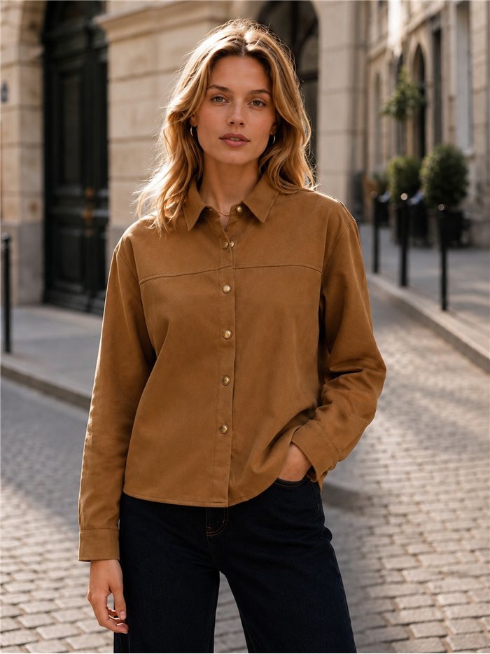 camicia button-down in finta pelle scamosciata