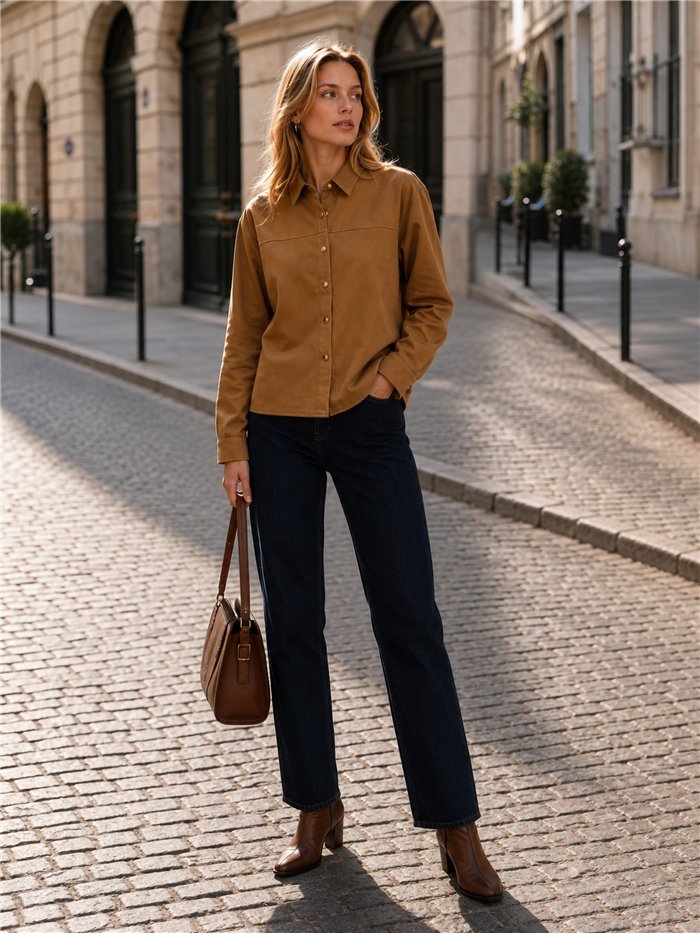camicia button-down in finta pelle scamosciata