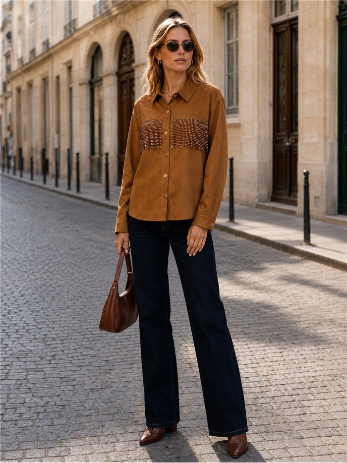Camisa efecto ante con flecos y tachas