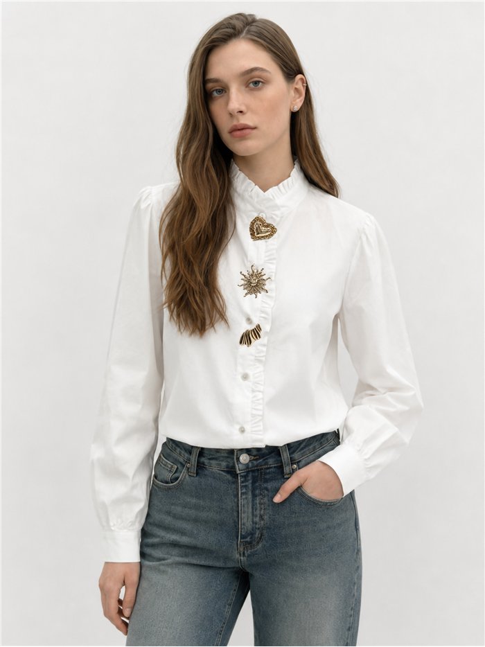 Camicia di cotone con colletto a balze e bottoni a pressione