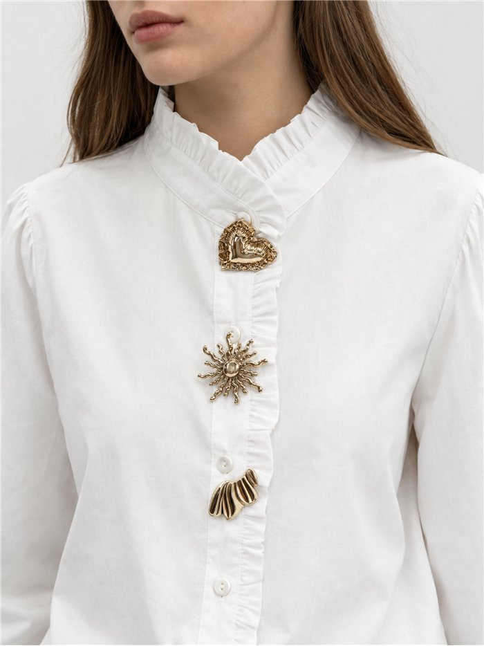 Camicia di cotone con colletto a balze e bottoni a pressione