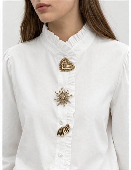 Camicia di cotone con colletto a balze e bottoni a pressione