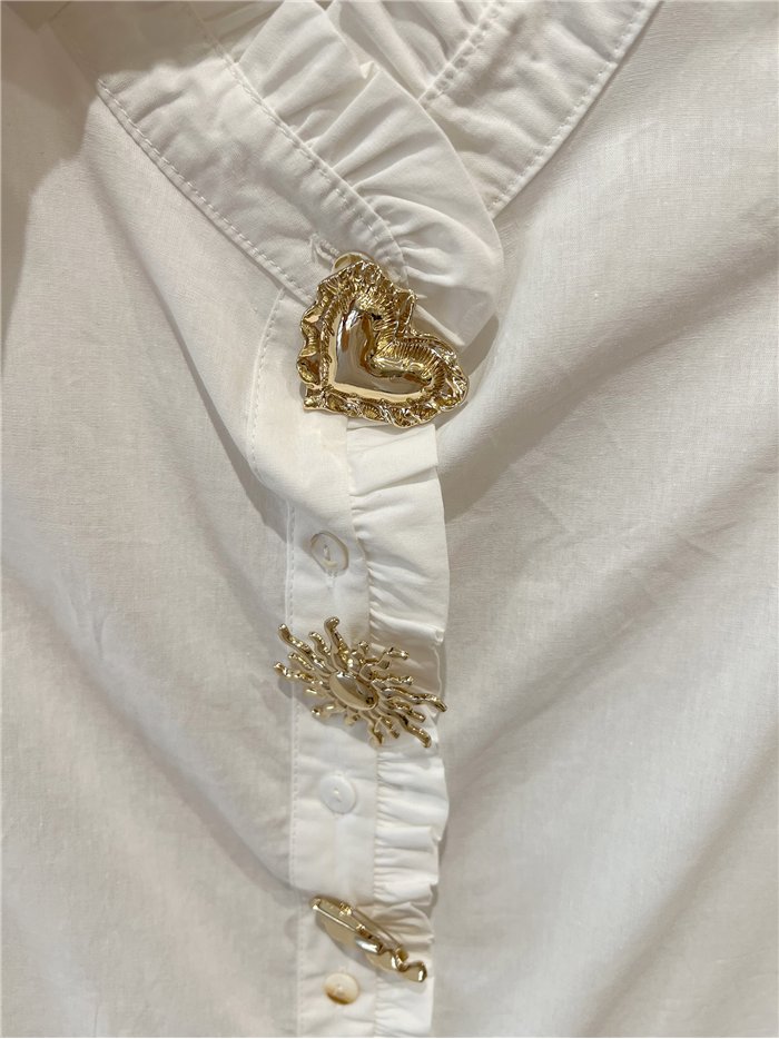 Camicia di cotone con colletto a balze e bottoni a pressione