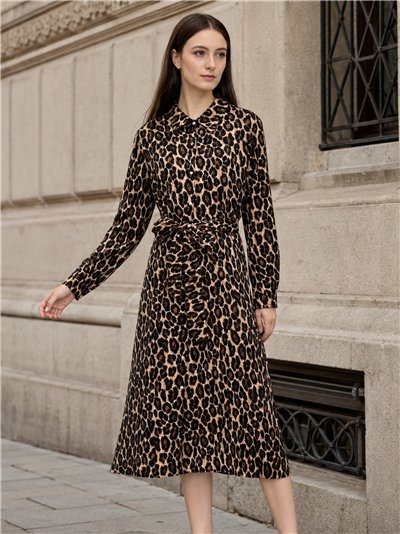 Robe-chemise imprimée léopard avec ceinture