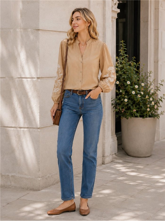 Blusa con bordado floral en manga