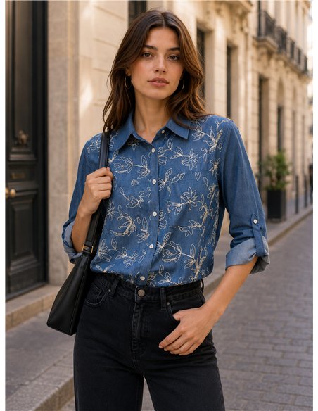 Besticktes Hemd in Denim-Optik