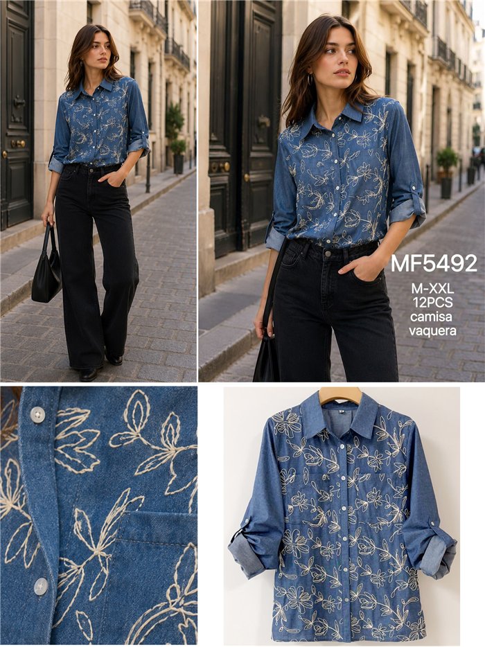 Besticktes Hemd in Denim-Optik