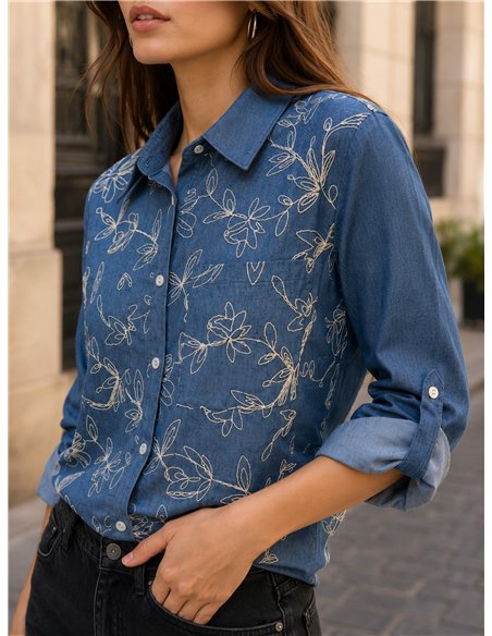 Besticktes Hemd in Denim-Optik