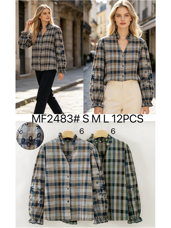 Blusa cuadros con bordado en mangas