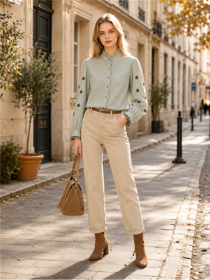 Blusa rayas con bordado en manga