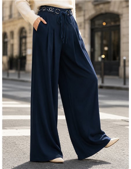 Pantalón wide leg con cinturón decorativo