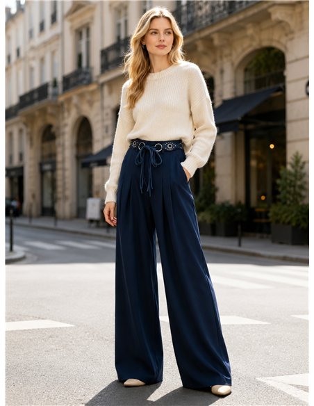 Pantalón wide leg con cinturón decorativo
