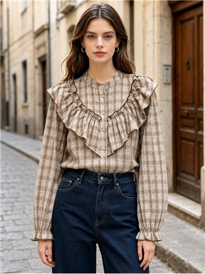 Blusa cuadros con volante amplio