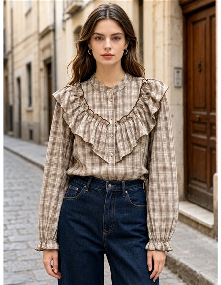 Blusa cuadros con volante amplio