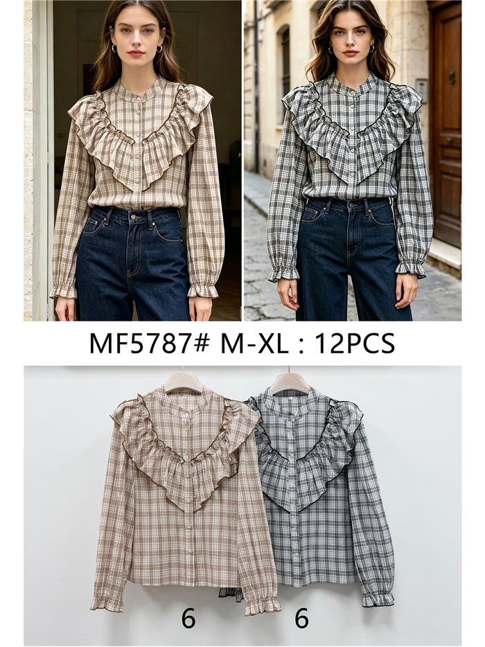 Blusa cuadros con volante amplio