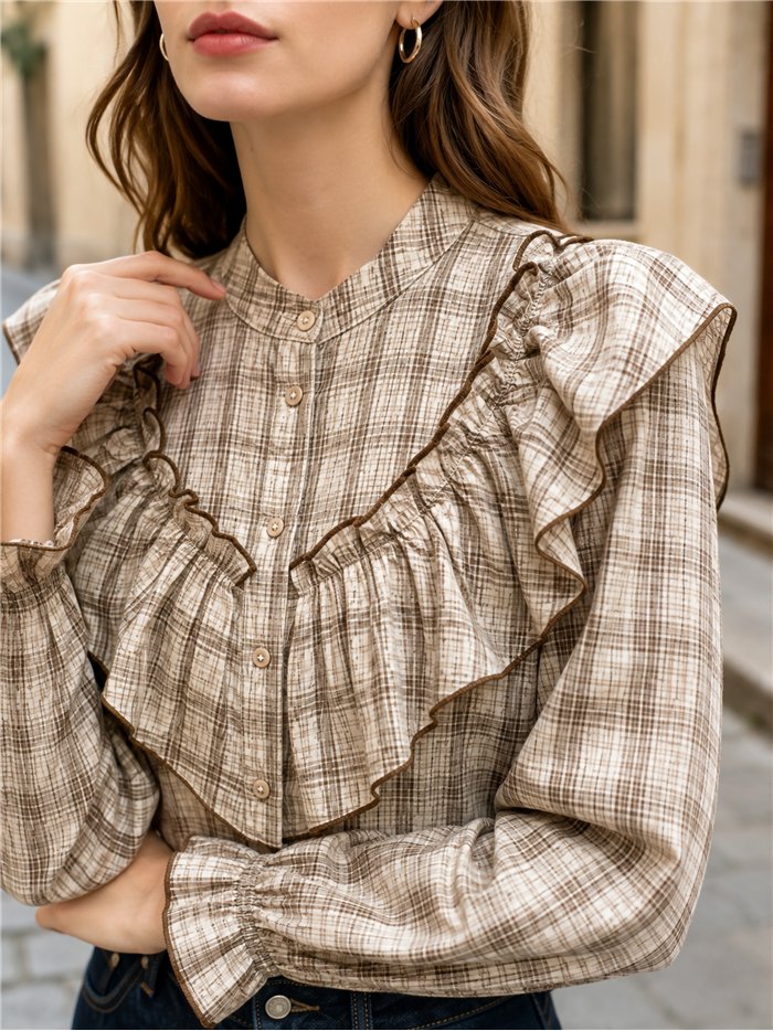 Blusa cuadros con volante amplio