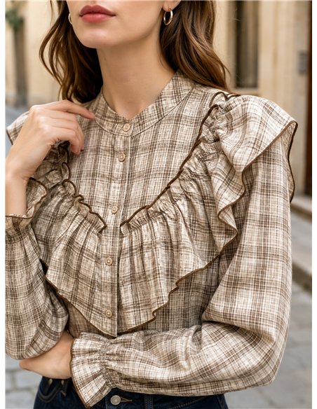 Blusa cuadros con volante amplio