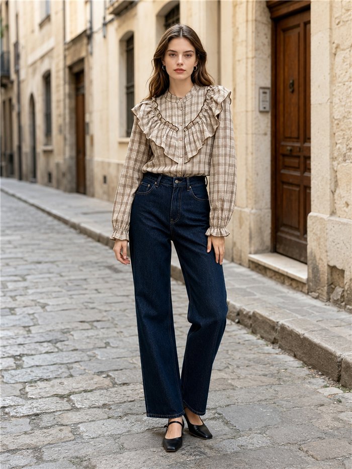 Blusa cuadros con volante amplio