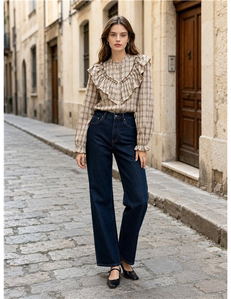 Blusa cuadros con volante amplio