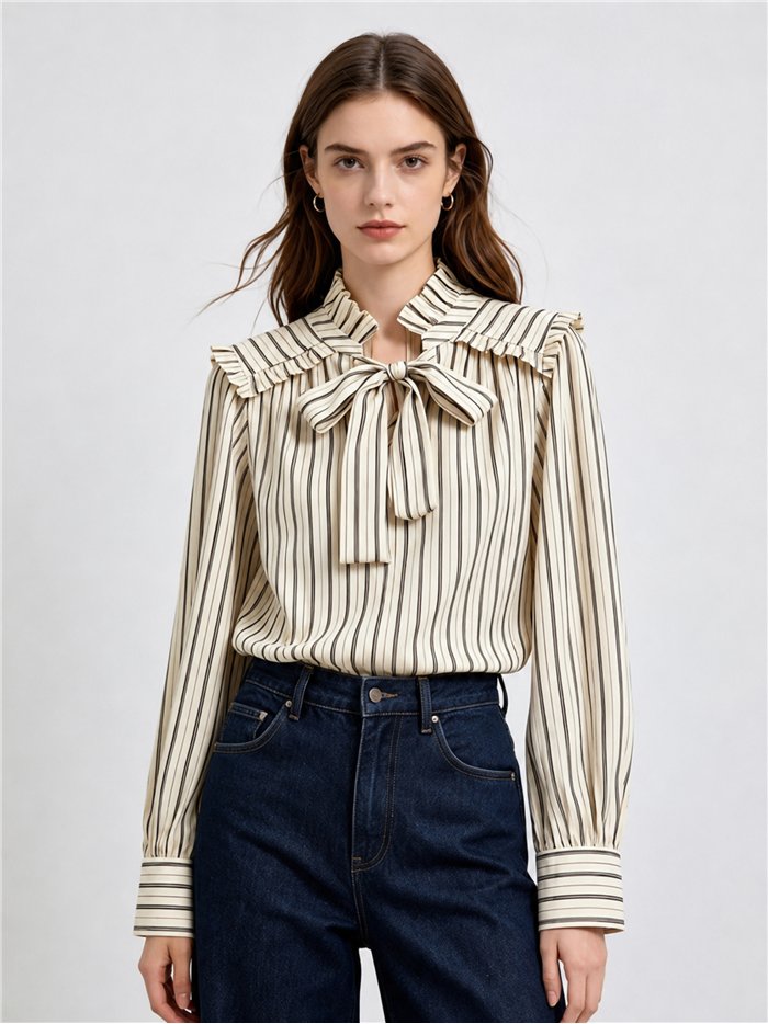 Blusa rayas con lazada y volante