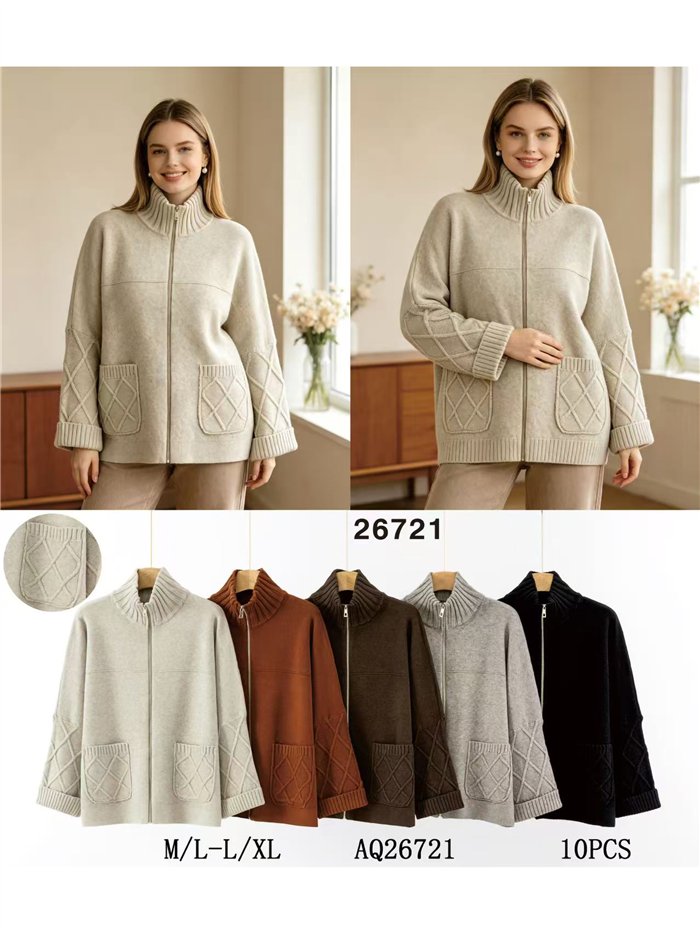 Chaqueta de punto rombos con cremallera y cuello alto