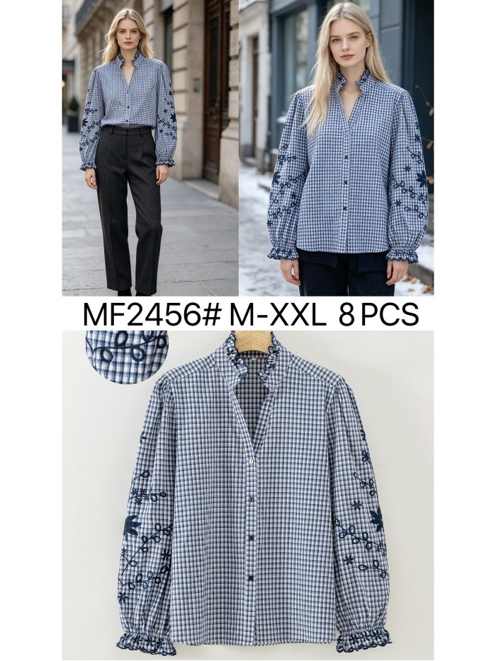 Camicetta a quadretti con maniche ricamate | MF-MF2456