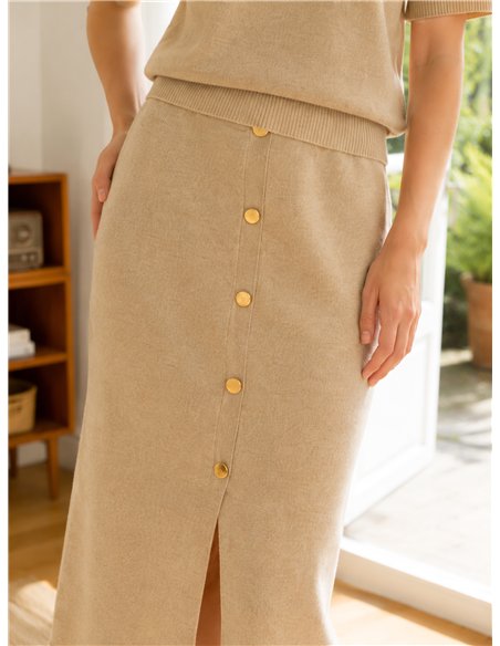 Falda midi de punto con botones dorados