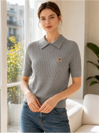Jersey de punto trenzado con osito cuello polo