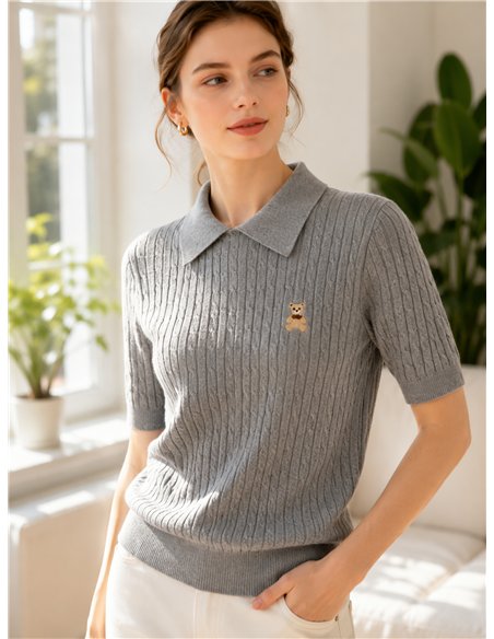 Jersey de punto trenzado con osito cuello polo