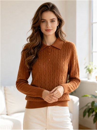 Jersey polo de punto trenzado con botones