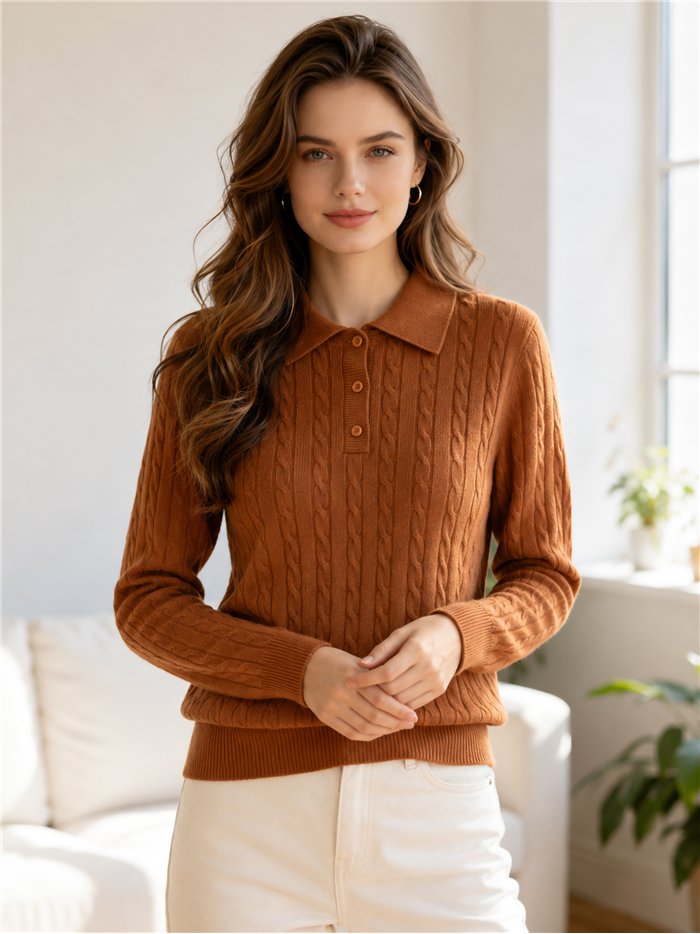 Jersey polo de punto trenzado con botones