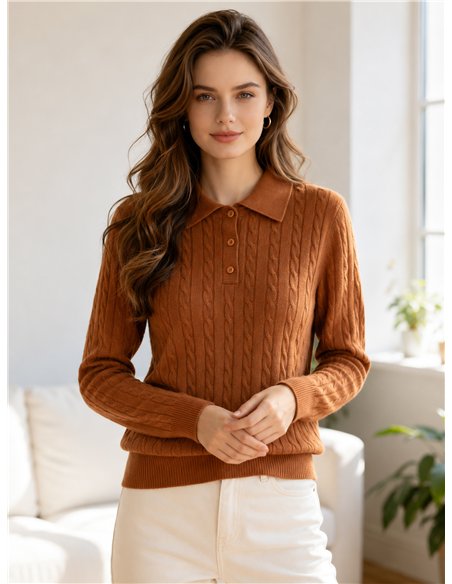 Jersey polo de punto trenzado con botones